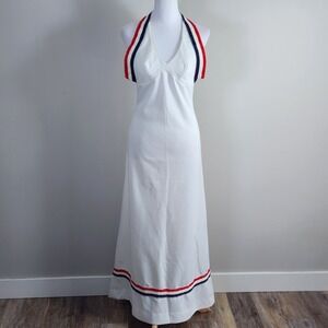 Vintage Halter Maxi Dress Womens XS White Red Blue 1970s Union Made Nautical